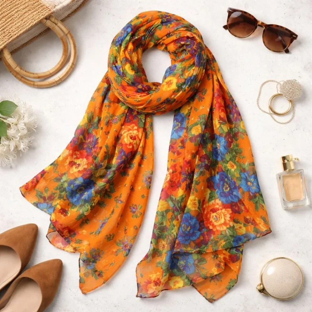 🌸 Vibrant Floral Sheer Scarf / Shawl – Bold, Romantic, Cottagecore Dream 🌸